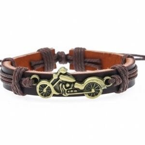 Mens Leather Brown Motorcycle Biker Bracelet‎ Wristband